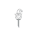 A laser-cut steel garden stake featuring a whimsical gnome design with a polka dot hat. The gnome has intricate cut-outs, a bushy beard, and is painted black. It measures approximately 4.5x10.5 inches and is designed for outdoor use, suitable for planters or garden decoration. The stake has a pointed end for easy insertion into the ground.